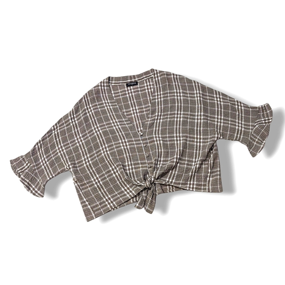 Boho Flutter Sleeve Plaid Button Front Blouse Top… - image 3